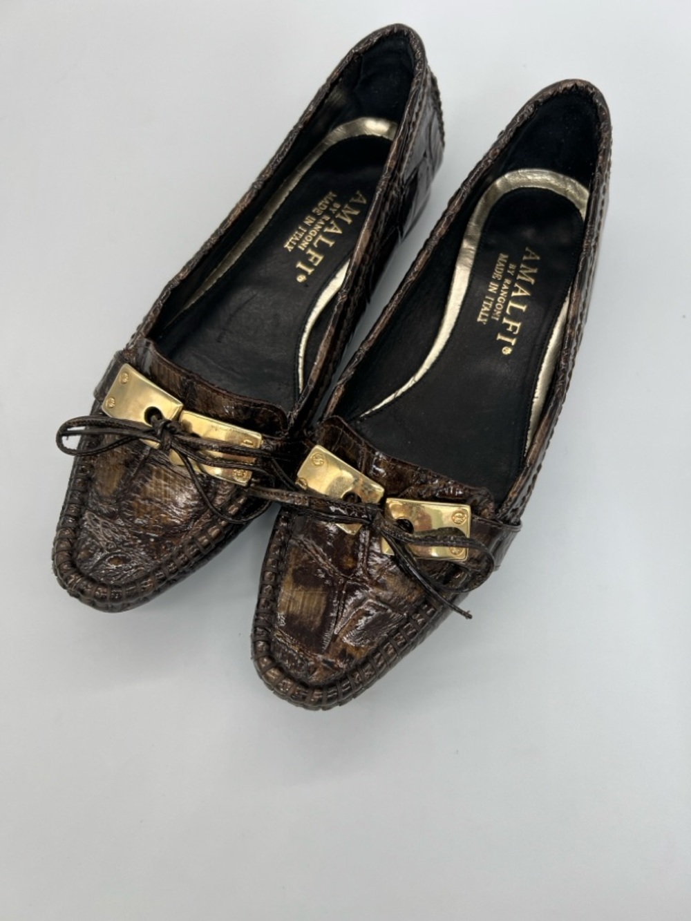 Amalfi Dark Brown Croc-Embossed Leather Loafers with Gold Accent - Picture 1 of 6